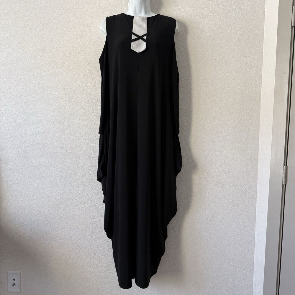 IC by Connie K Lagenlook Jumpsuit Size L Black Cold Shoulder Artsy Avant-Garde